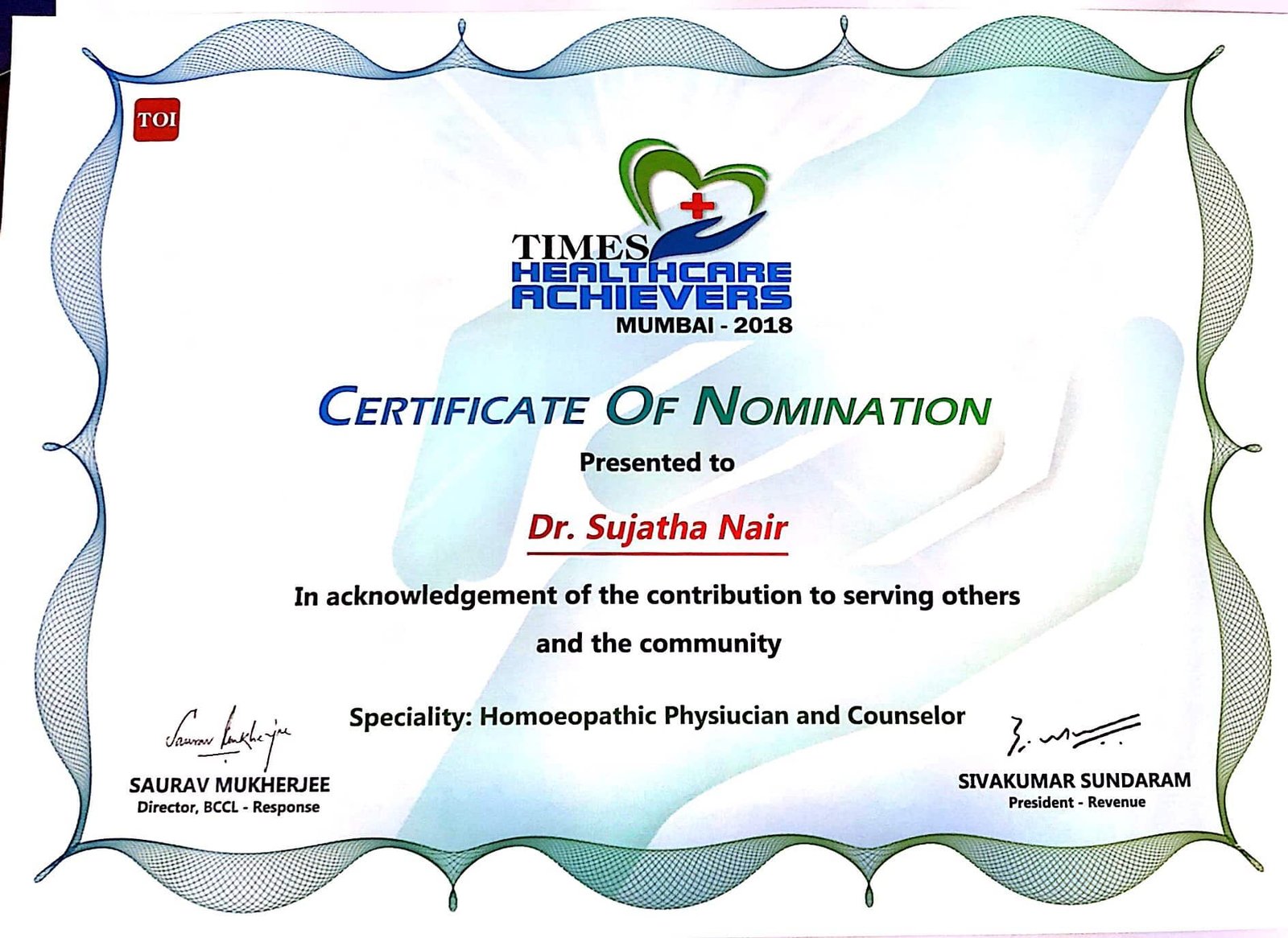 CERTIFICATE OF NOMINATION