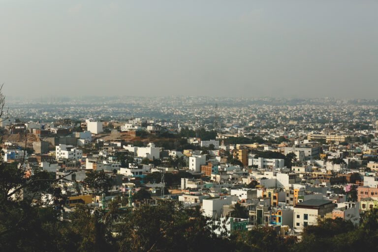 Look from above at Greek city covered with smoke