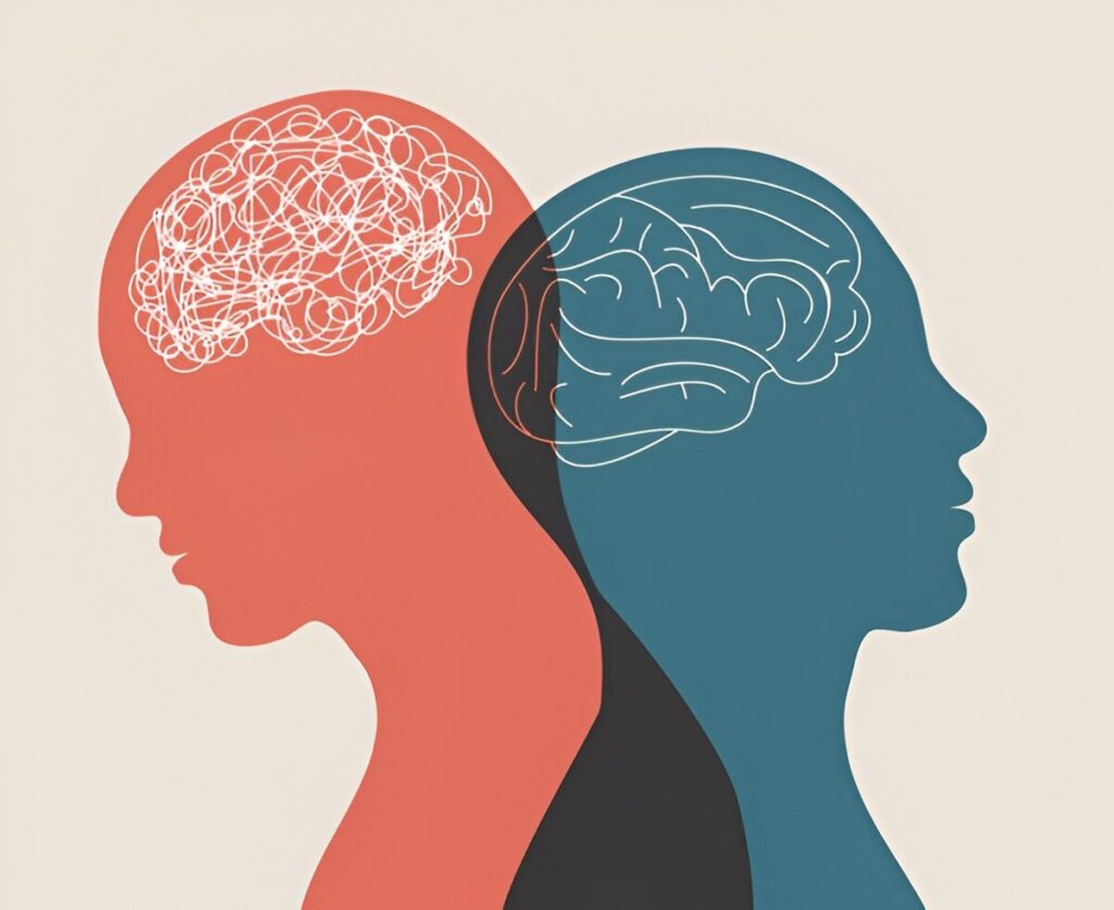 Two human profiles with tangled and clear brains