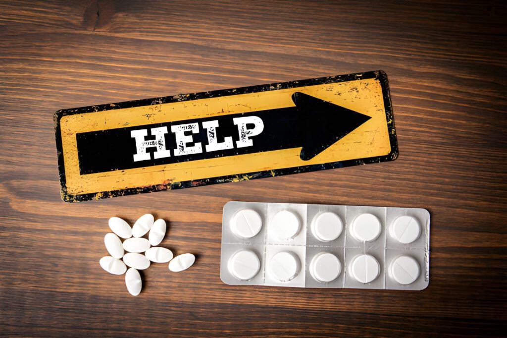 Pills and a 'HELP' sign with an arrow on a wooden surface