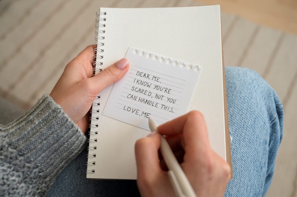 A person writing on a notebook