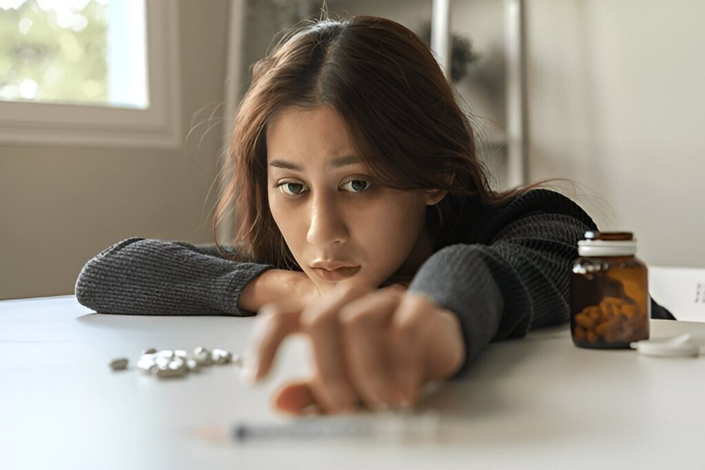 Distressed woman leaning over table with syringe and pills.