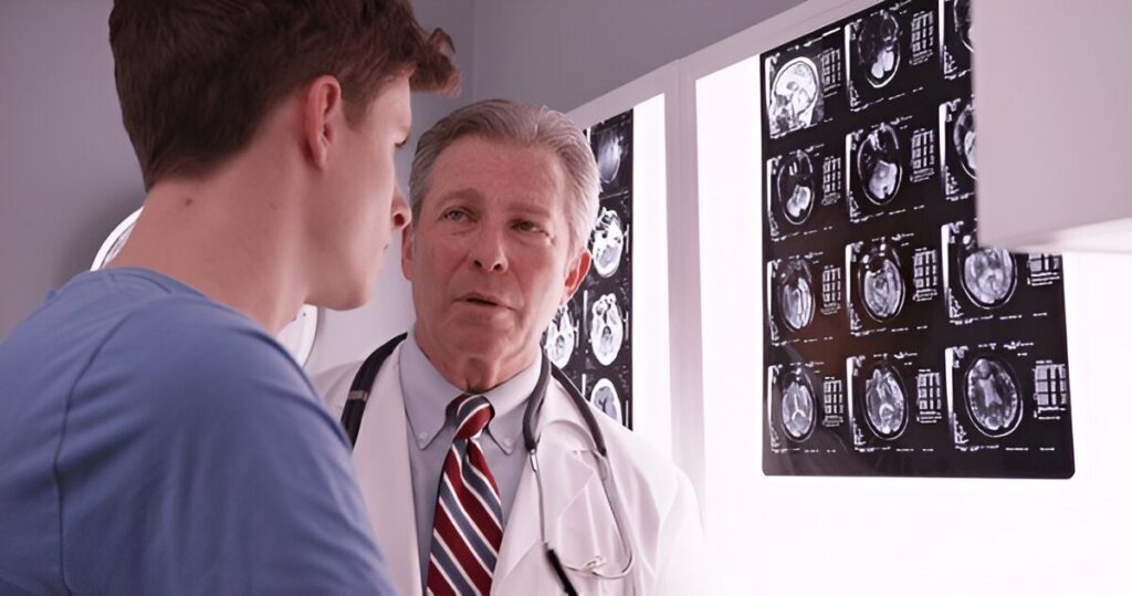 Doctor discussing brain scan results with a concerned patient.