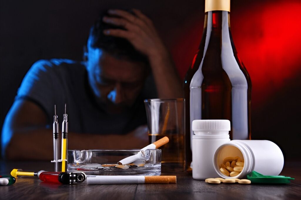 Substance abuse with drugs, alcohol, and a distressed man.