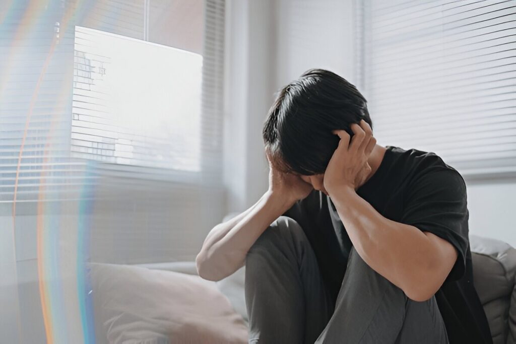 Sad-looking person sitting down with their head in their hands.