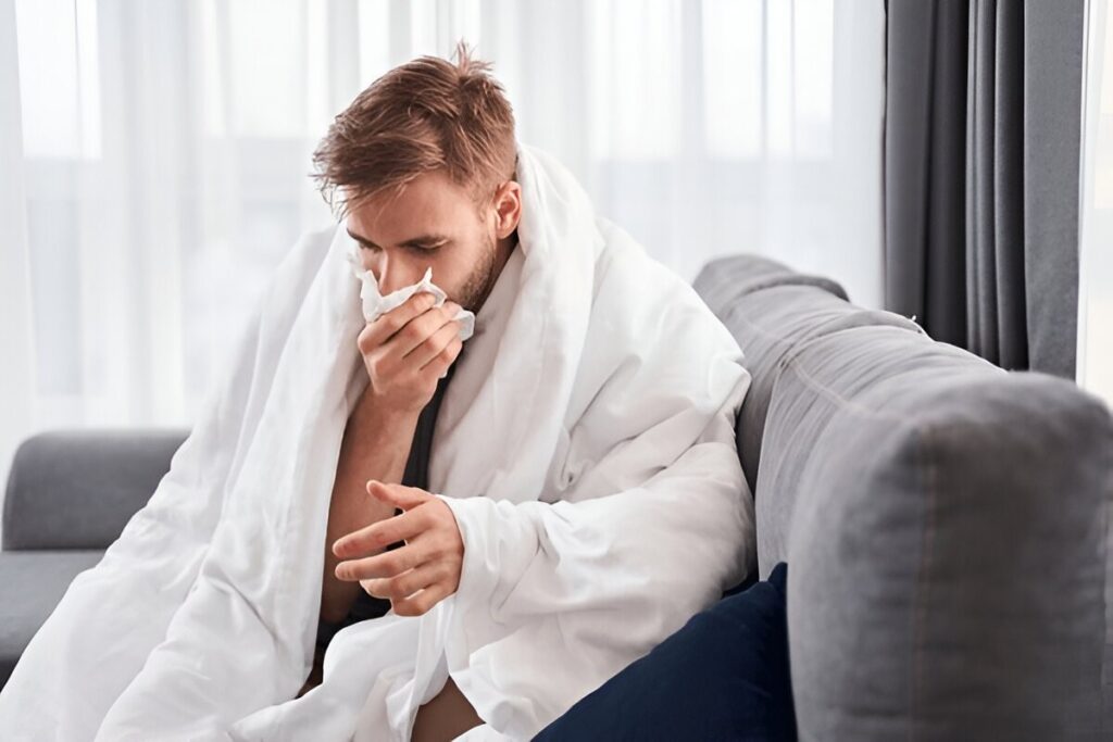 Man wrapped in a white blanket on a couch, blowing his nose with a tissue, suggesting illness.