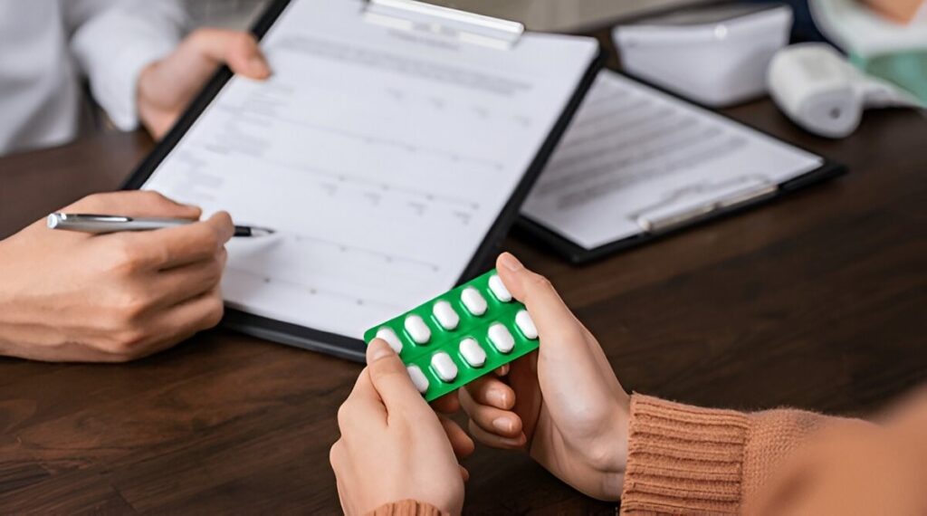 A person receiving a green blister pack of white pills from a healthcare professional who is writing on a clipboard.