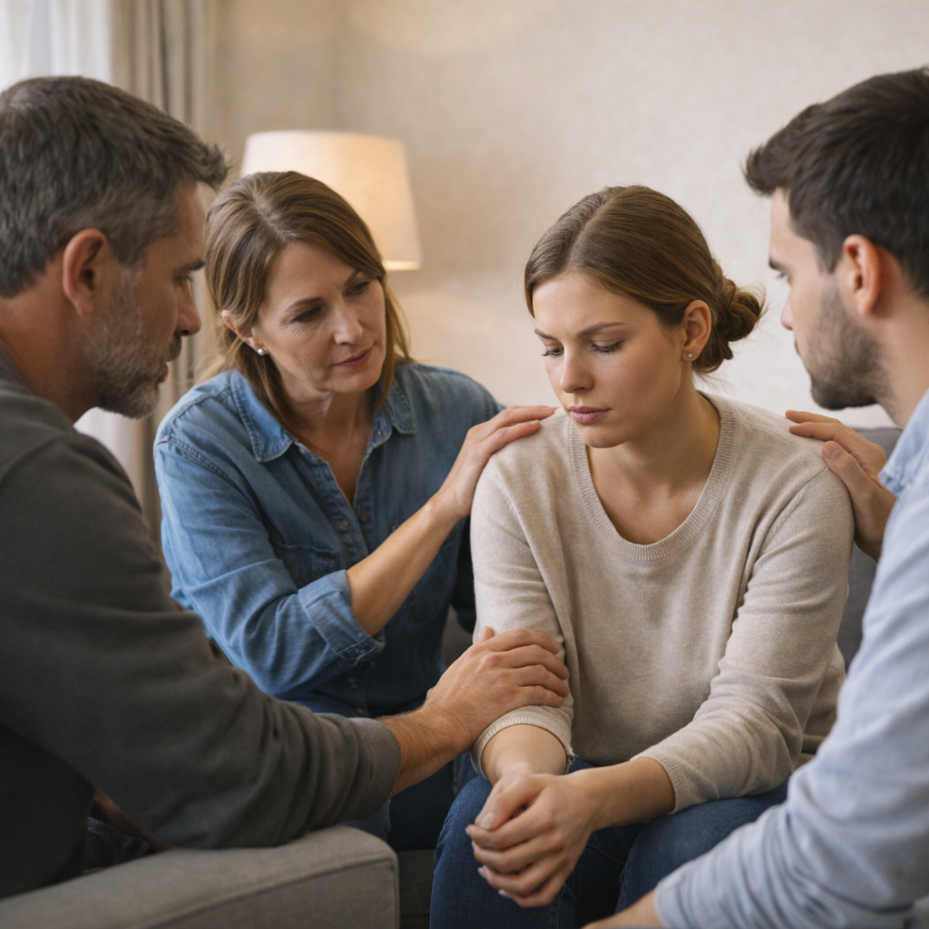 A family sitting together, discussing and supporting each other in a warm, empathetic setting