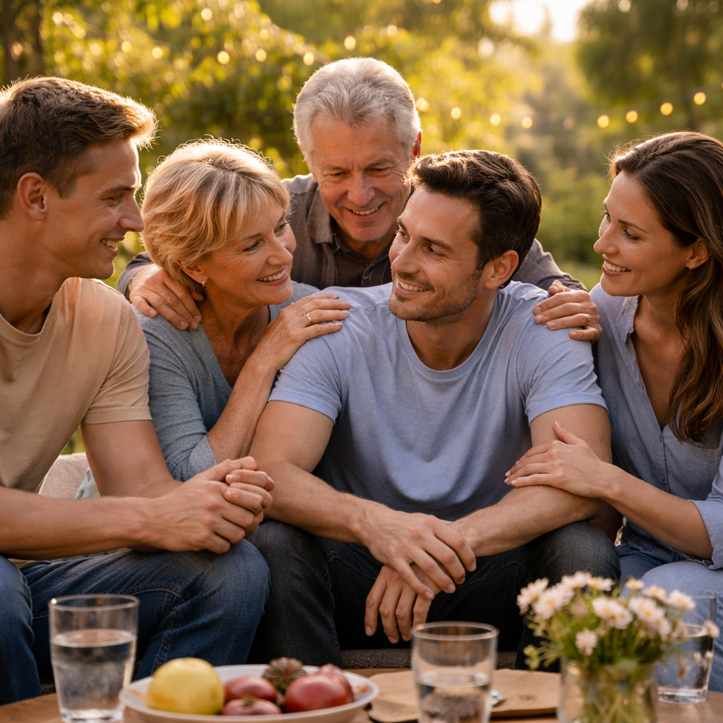 A family sitting together in a supportive group, representing the importance of family involvement in recovery