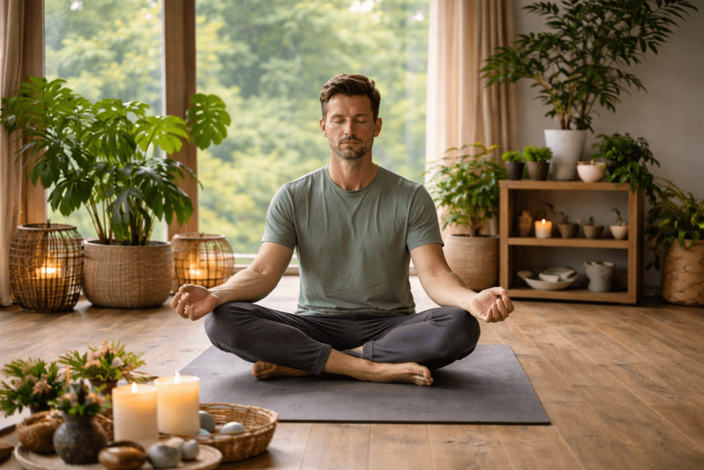 A peaceful yoga session symbolizing holistic healing practices in alcohol syndrome treatment