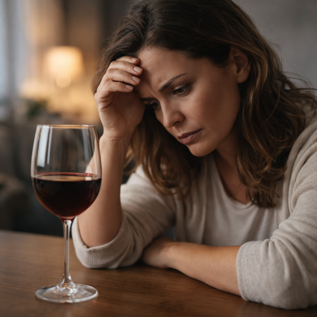 A woman contemplating a glass of wine, reflecting the decision-making process involved in alcohol consumption