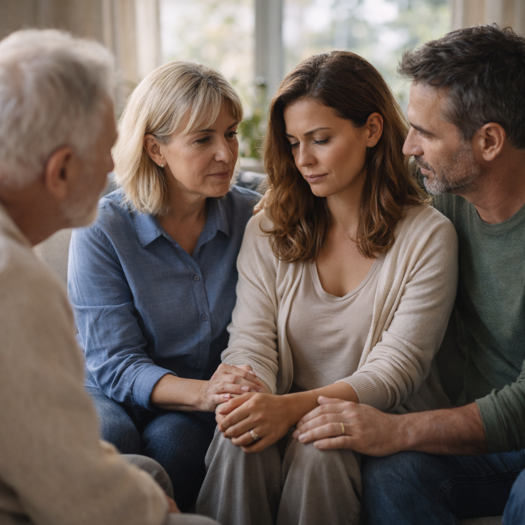 A family sitting together, discussing and supporting each other, highlighting the importance of family dynamics in recovery