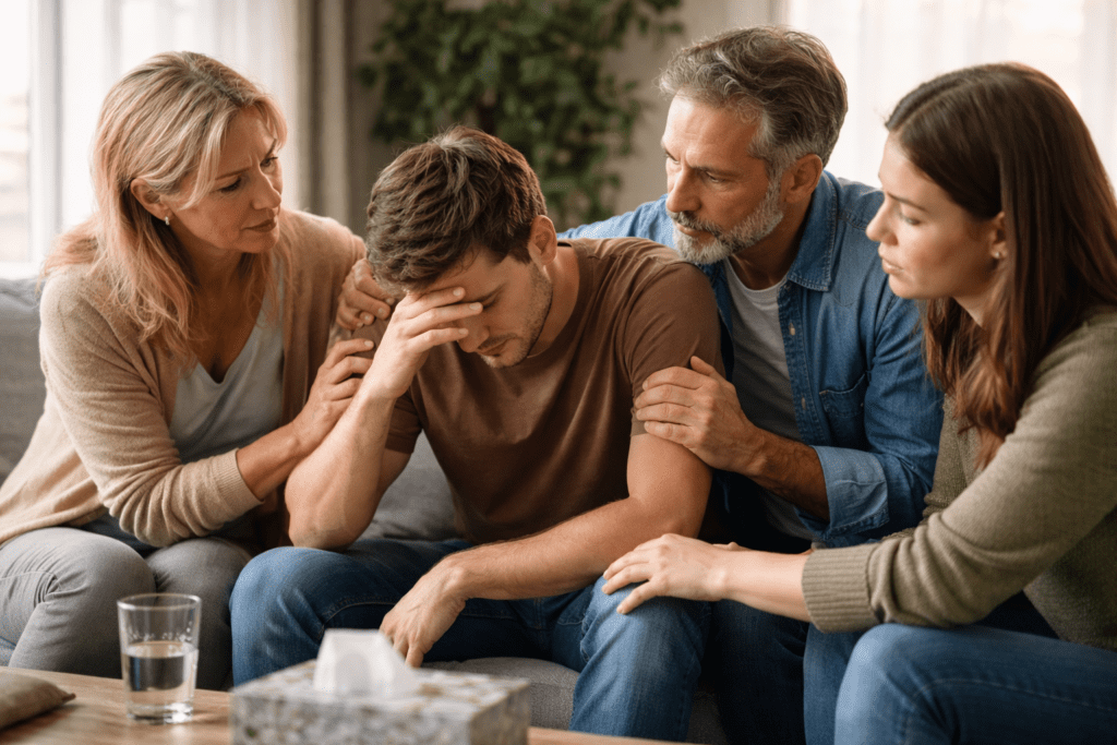 A supportive family gathering, highlighting the importance of family involvement in recognizing addiction signs