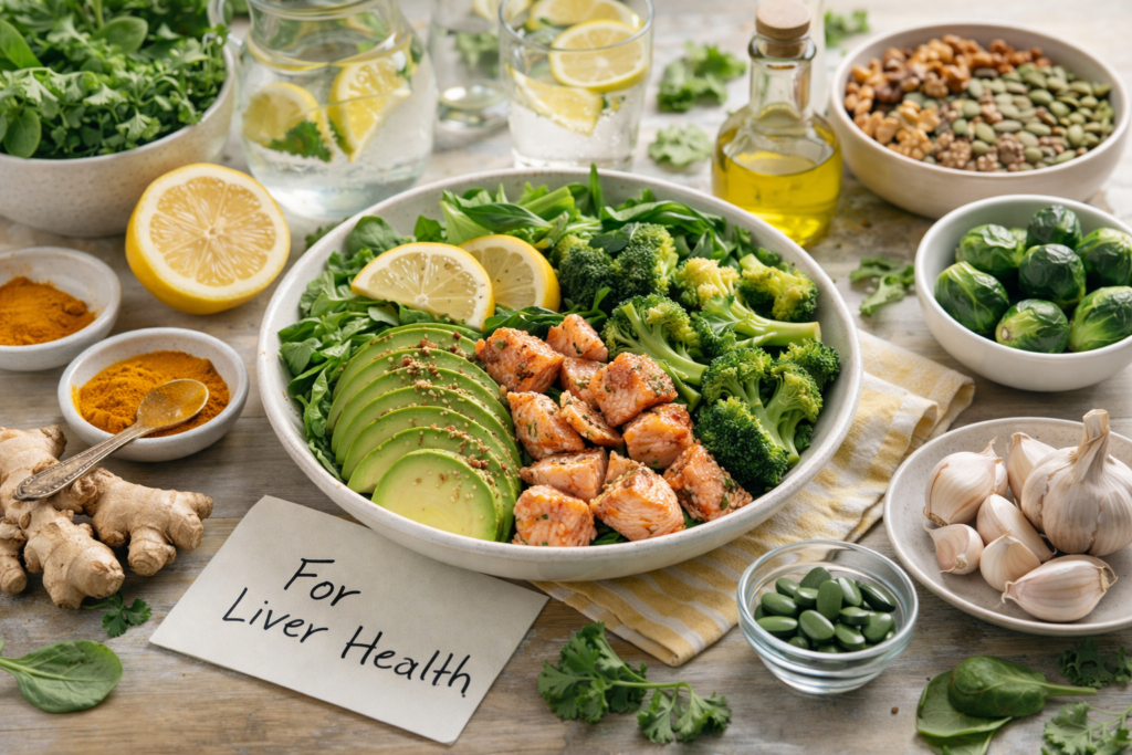 A healthy meal setup, emphasizing dietary modifications supporting liver function during detox