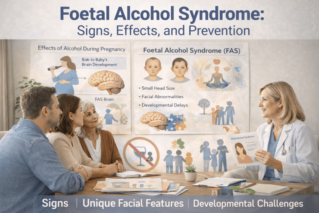 Foetal Alcohol Syndrome awareness showing signs, effects, prevention, and family support.