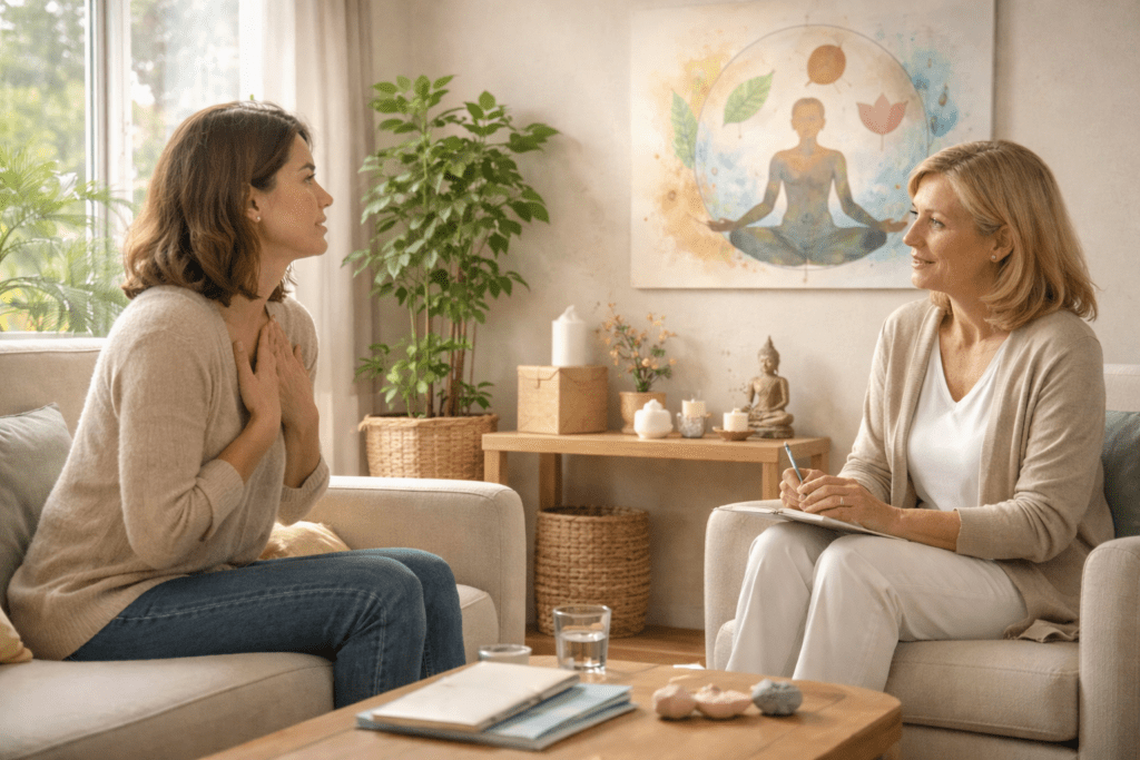 One-on-one holistic therapy session in a calm wellness space supporting non-medical care for Foetal Alcohol Syndrome.