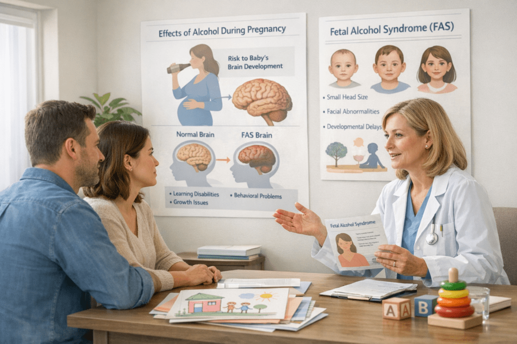 Parents consulting a healthcare professional with educational charts explaining Foetal Alcohol Syndrome and pregnancy alcohol risks.