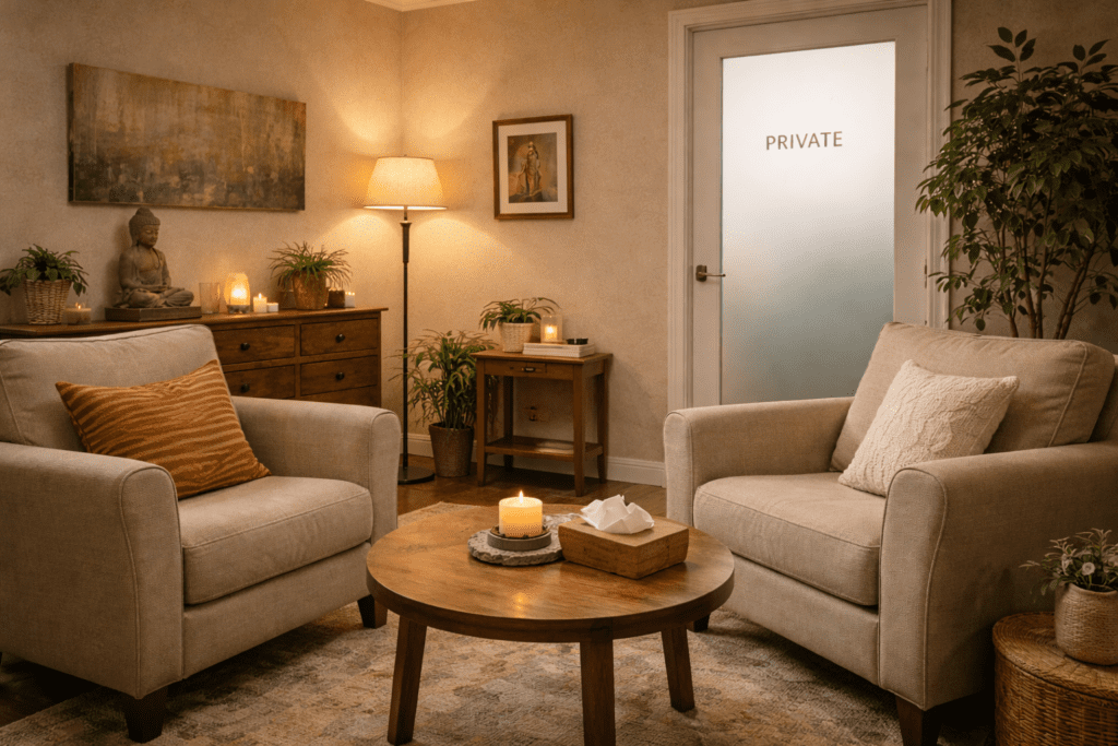 a private consultation room ensuring confidentiality, depicting a secure setting for personal discussions