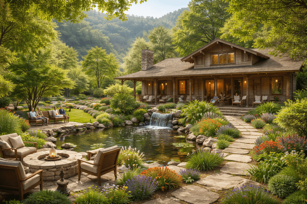 a serene rehab centre surrounded by lush greenery, symbolizing a peaceful environment for recovery