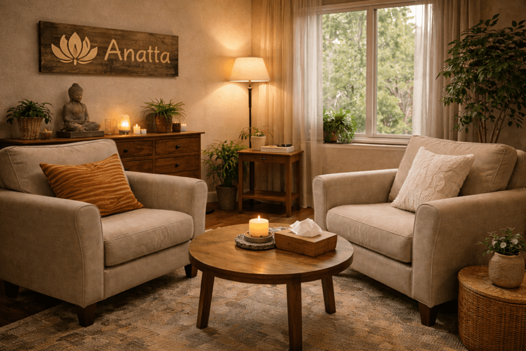 a serene therapy room at Anatta, designed for individual treatment sessions, emphasizing privacy and personal attention.