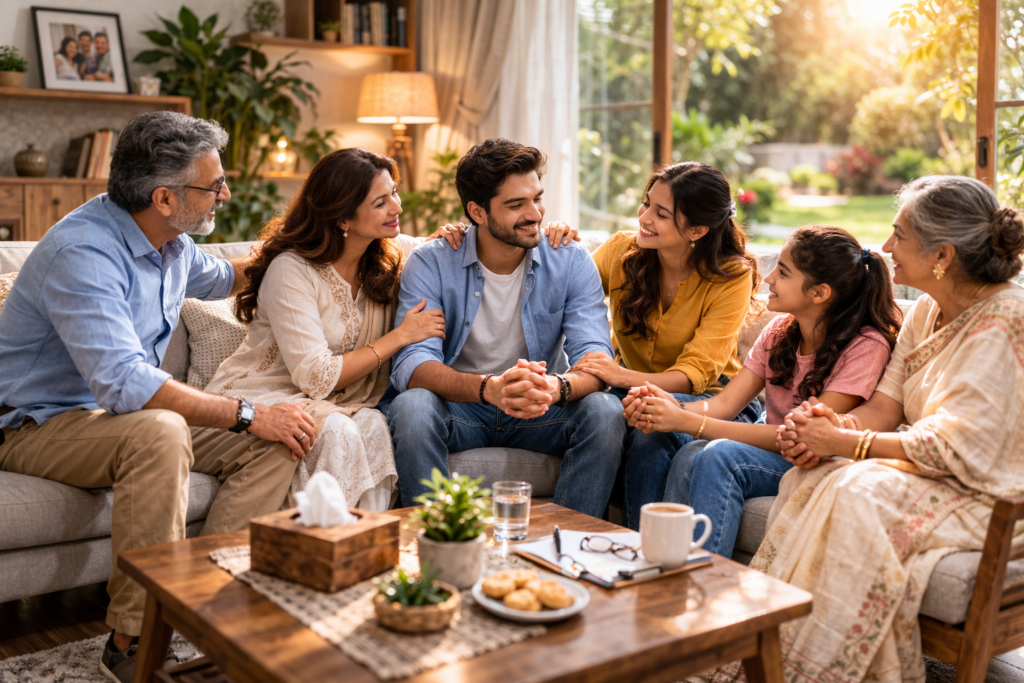 A family providing supportive interaction, illustrating the importance of family involvement in addiction recovery