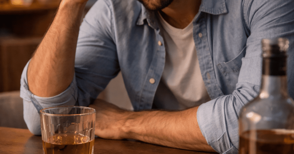 Man struggling with stress and addiction with alcohol and pills on table.