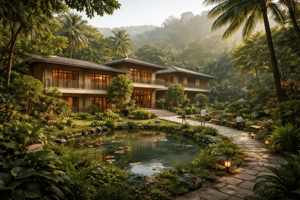 A serene rehabilitation centre nestled in the greenery of Mumbai, offering a peaceful environment for recovery.