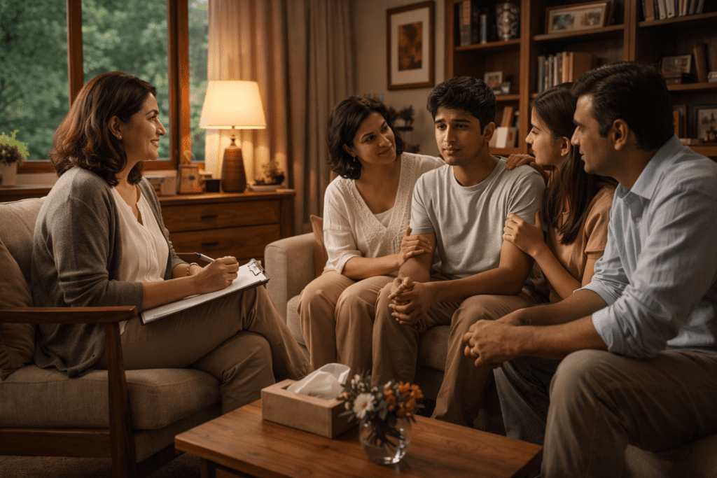 A family sitting together in a supportive therapy session, emphasizing the importance of family involvement in rehabilitation.