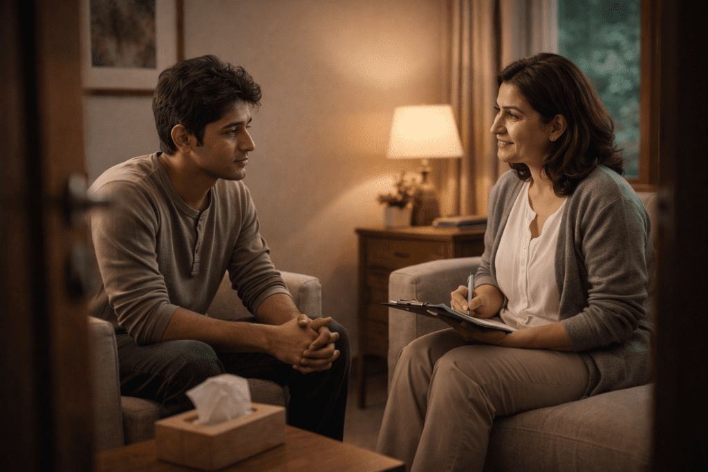 A caring therapist engaging with a patient in a private, confidential setting, highlighting the focus on personalized care.