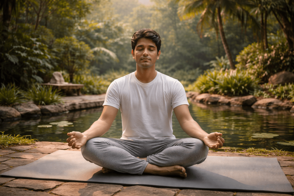 An individual engaging in holistic therapy, such as meditation or yoga, in a tranquil setting.