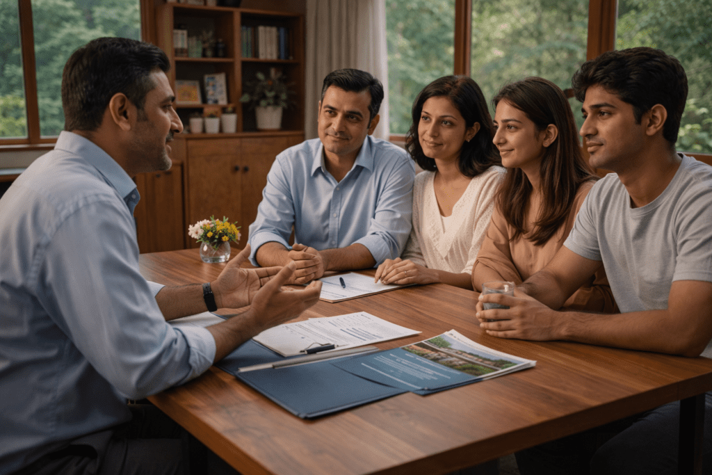 A professional consultant discussing treatment plans with a family, showcasing the decision-making process in choosing a rehab centre.