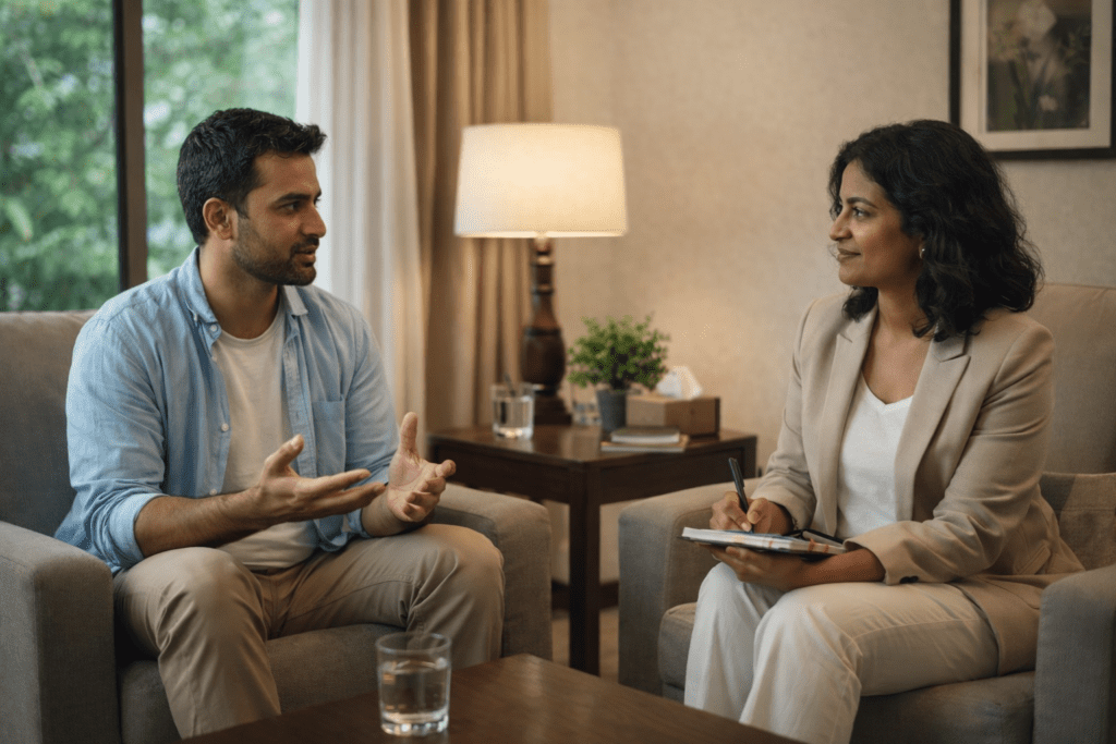 A therapist providing personalized care to a patient in a comfortable, private room, highlighting the importance of individualized treatment plans.