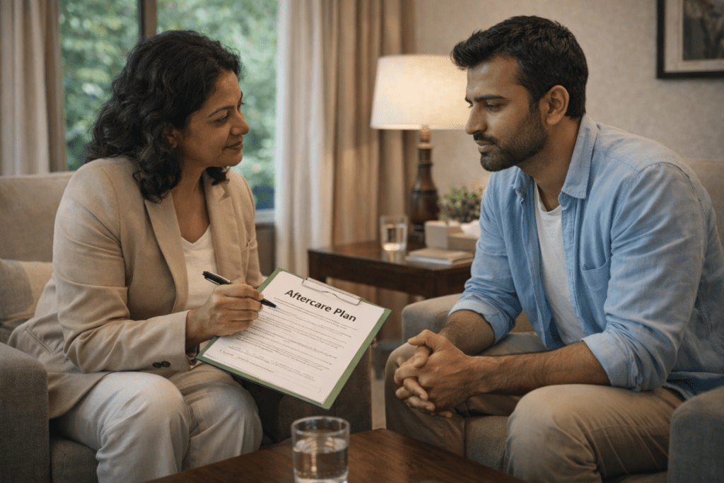A counselor discussing aftercare plans with a patient, illustrating the commitment to long-term support and sustained recovery.
